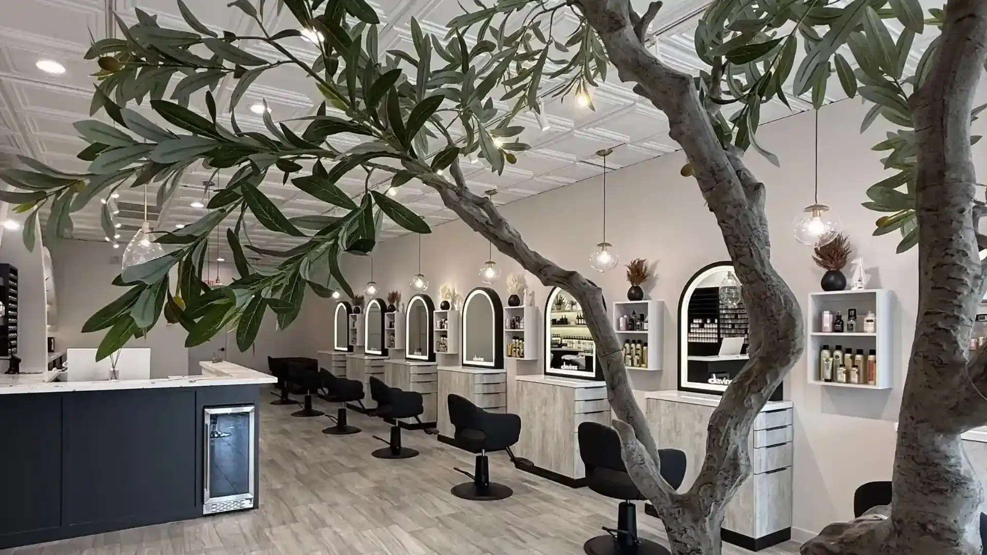 Modern salon interior with styling stations, mirrors, and a tree inside.
